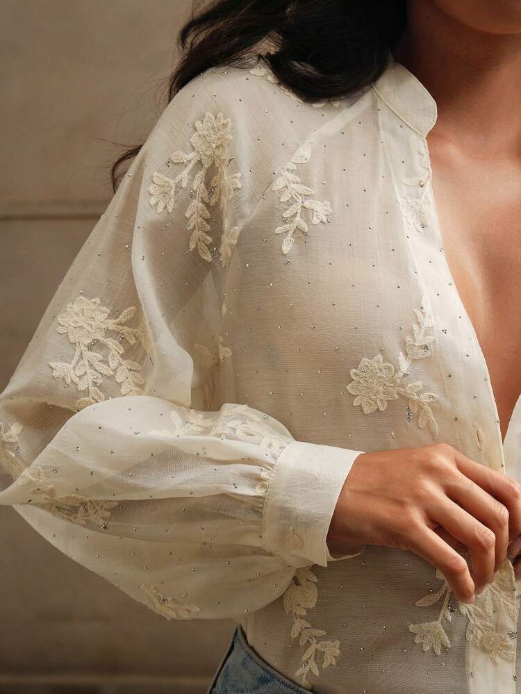 Chemise de fête à manches lanternes, col en V, vintage broderie avec strass, Top à manches longues