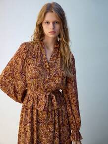 Maija Women's Autumn Long Sleeve V-Neck Floral Print Lantern Sleeve Midi Dress - Multicolor - View 6