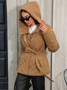 Chiquease Áo khoác đệm chần bông màu trơn cài nút phía trước, trang phục thu đông - màu nâu - Xem 5