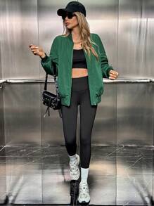 Chiquease Loose Fit Padded Bomber Puffer Jacket, Thick Short Outerwear - Green - View 4