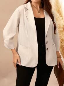 Chaqueta blazer con solapa, manga 3/4 y volante, unicolor, para mujer talla grande, primavera y otoño - Albaricoque - Ver 5