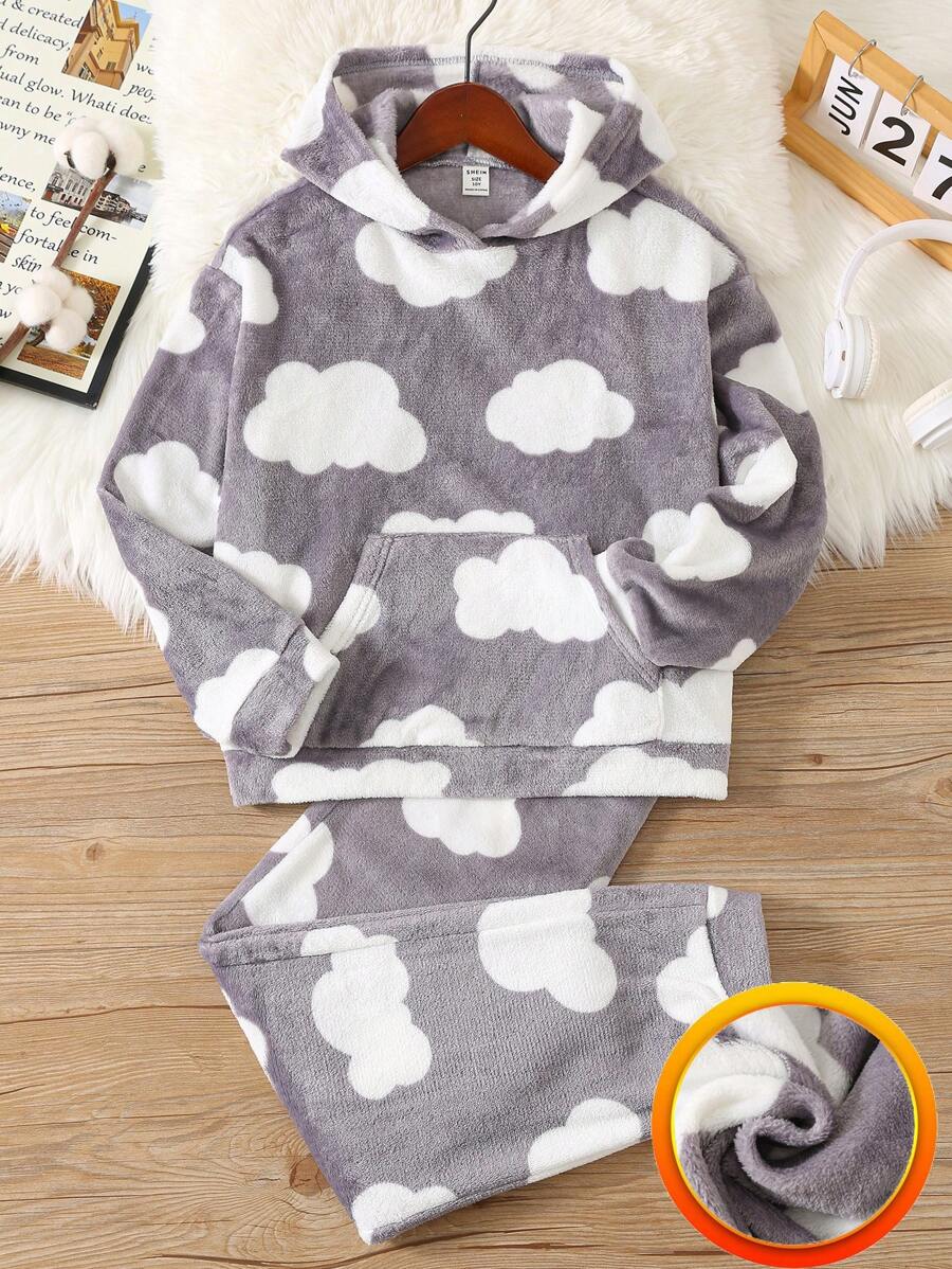 SHEIN Pijama de 2 piezas con estampado de nubes esponjosas con capucha y manga larga, pantalón largo, suave y cómodo para otoño/invierno para niñas preadolescentes - Gris - Ver 1