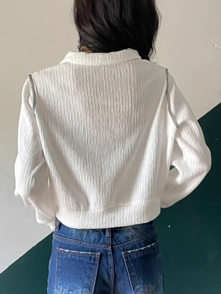 Women's Solid Color Polo Collar Long Sleeve Cropped Casual T-Shirt, Spring & Fall