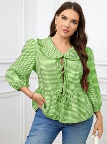 SHEIN Essnce Bluzka damska w kratkę gingham w dużych rozmiarach, z bufiastymi rękawami i kokardą z przodu