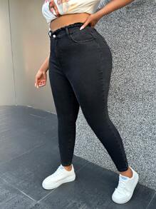 SHEIN Essnce 大码弹力修身九分牛仔裤，黑色镂空设计，适合圣诞节、感恩节、返校节、冬季等场合穿着，牛仔女郎抓绒面料 - 黑色 - 查看 6