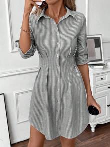 SHEIN LUNE Women's Casual Blue & White Striped Roll-Up Sleeve Button Front Shirt Dress