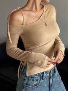 DAZY 女士纯色系带露肩时尚春秋T恤长袖女上衣 - 卡其色 - 查看 5