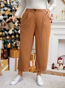 SHEIN LUNE Plus Size Solid Color Casual Button Pocket Pants