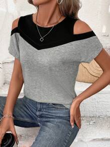 EMERY ROSE 镂空肩部拼色 T 恤图案 T 恤女式上衣 - 黑色 - 查看 1