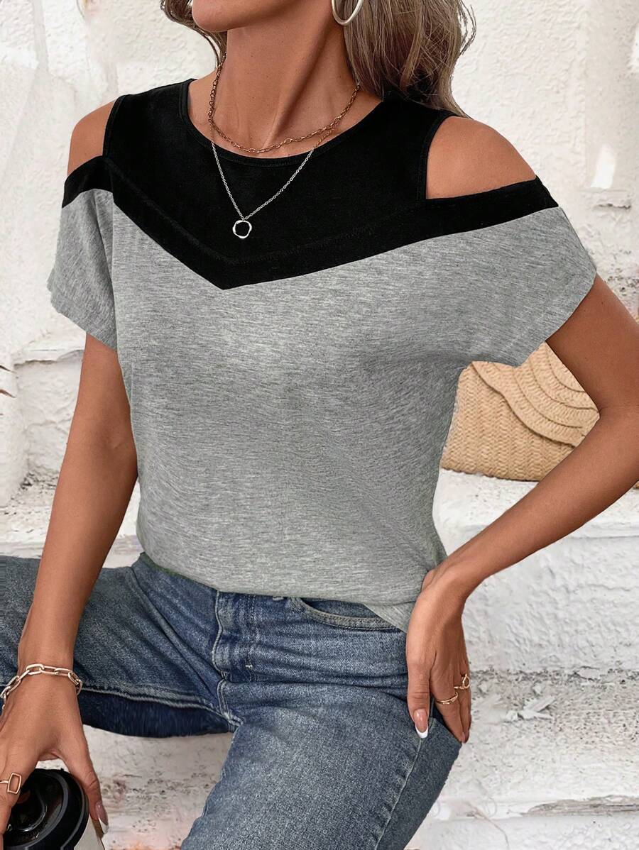 EMERY ROSE 镂空肩部拼色 T 恤图案 T 恤女式上衣 - 黑色 - 查看 1