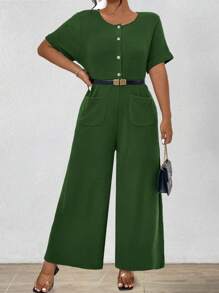SHEIN Unity Plus Size Solid Color Crew Neck Romper With Pockets, Short Sleeve - Green - View 1