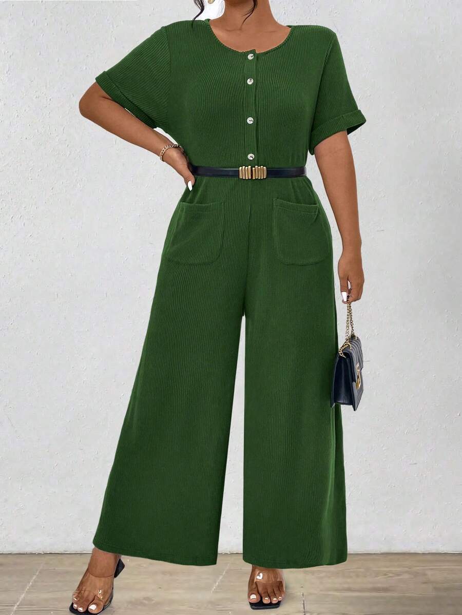 SHEIN Unity Plus Size Solid Color Crew Neck Romper With Pockets, Short Sleeve - Green - View 1