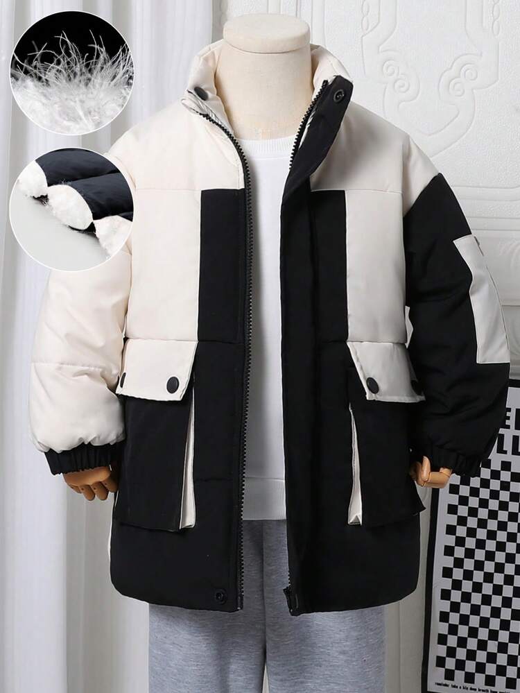 Boys' Casual Versatile Sporty Black & White Contrast Outdoor Utility Jacket, Detachable Hooded, Zipper Front, For Winter, Daily, School, Warmth, Windproof, Streetwear