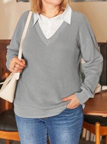 大码女式休闲纯色落肩毛衣，秋季针织套头衫 - 灰色 - 查看 5