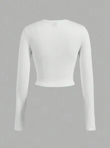 SHEIN Essnce 4pcs/Set Women's Leopard Print & Solid Color Casual Minimal Pattern Round Neck Long Sleeve Slim Cropped T-Shirt Tops - Multicolor - View 7