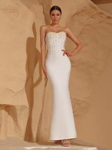 Nuevo vestido de novia blanco con perlas sin tirantes, vestido formal para fiesta de vacaciones, vestido de invitada de boda - Blanco - Ver 3