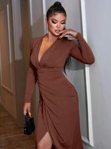 EURMUSE Women's V-neck Solid Color Pleated High Slit Hem Dress - Chocolate Brown - View 5