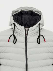 RueChic Men Patched Detail Drawstring Hooded Puffer Coat - Beige - View 4