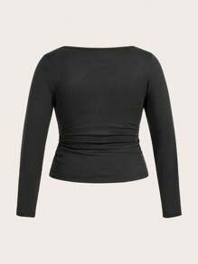 SHEIN Unity Plus Size Women's Crew Neck Pleated Casual Long Sleeve T-Shirt With Pockets - Multicolor - View 4