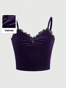 ROMWE Goth Contrast Lace Velvet Cami Top - Purple - View 1