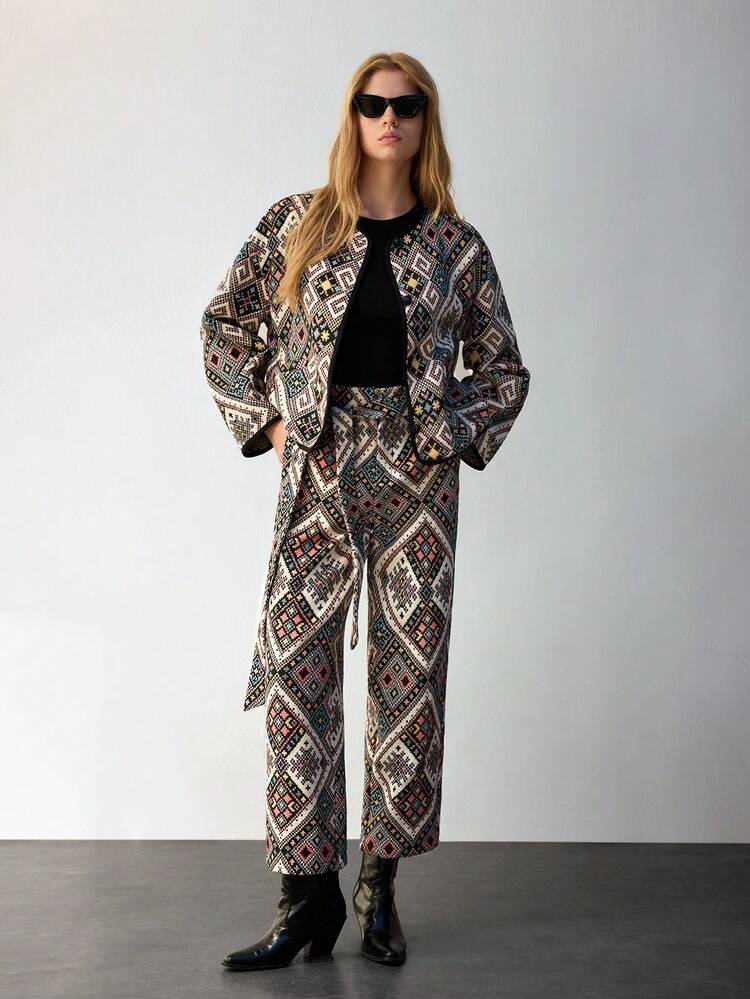 SHEIN Maija Women's Casual All-Over Printed Belted High Waist Wide Leg Pants