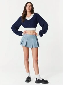 SHEIN EZwear Women's V-Neck Color Block Cropped Fitted Sweater In Blue And White, Autumn/Winter - Blue and White - View 5