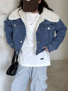 DAZY Tween Girls Contrast Color Fluffy Collar Long Sleeve Denim Jacket,Thermal Lined Fall,Winter - Blue - View 3