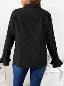 SHEIN Clasi 大碼荷葉邊荷葉袖襯衫 - 黑色 - 查看 2