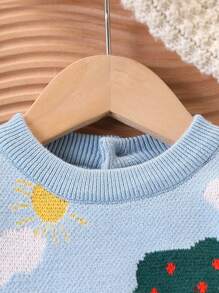 SHEIN 2 pièces Ensemble de pull et pantalon casual pour bébé garçon, avec pull à col ras du cou tricoté à manches longues avec imprimé paysage naturel, voiture, vache, mouton, et pantalon tricoté confortable et chaud, convient pour les saisons d'automne et d'hiver, convient pour le port quotidien, les sorties et les voyages - Bleu azur - Voir 7