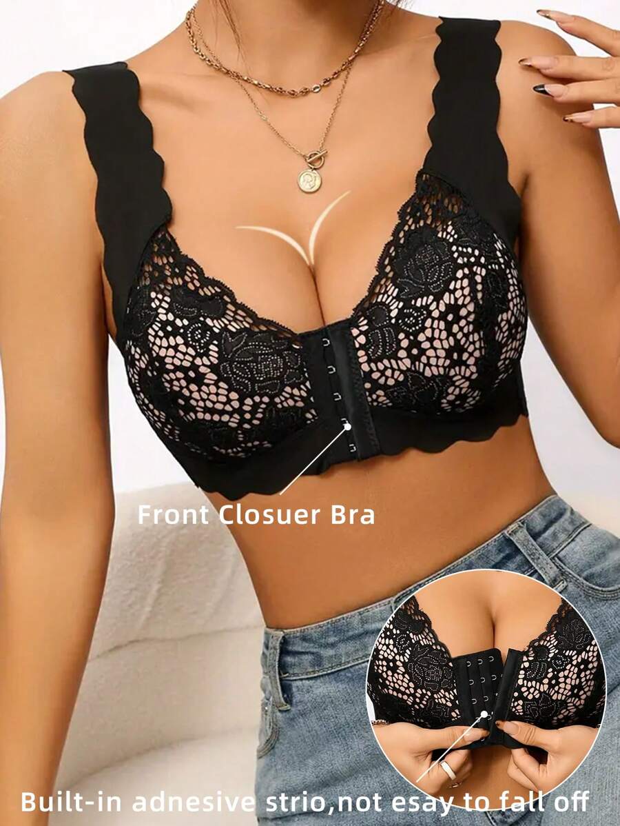 1pc Contrast Lace Front Closure Wireless Bra For Women