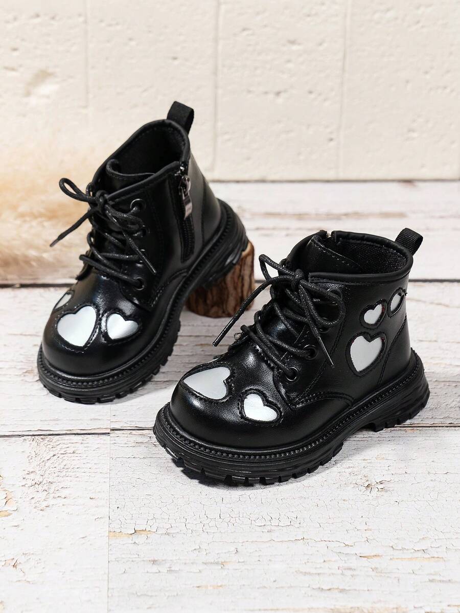 1 双心形可爱女婴踝靴 - 黑色 - 查看 1
