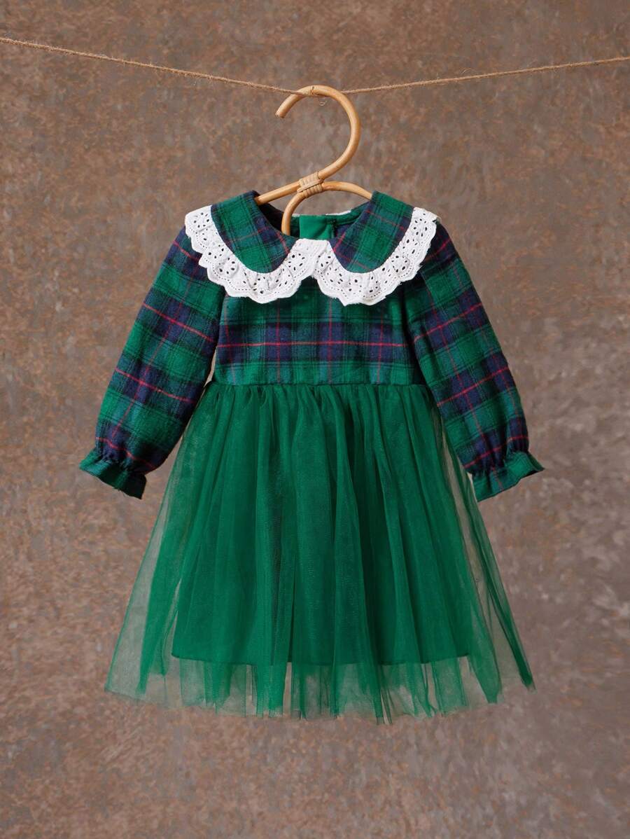 SHEIN Vestido de princesa elegante para bebés niñas con diseño de cuadros y tul abombado para Navidad y Año Nuevo - Verde - Ver 1