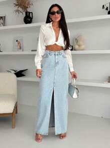 EURMUSE WOMEN DENIM MAXI SKIRT SLAH AND STUD DETAIL