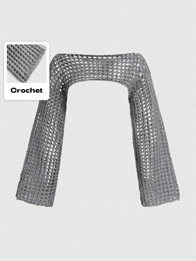 Grunge Punk Summer Crochet Light Blue Hollow Out Boat Neck Crop Sweater