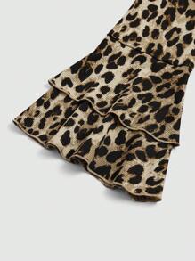 大码优雅豹纹拼布喇叭袖连衣裙，秋季长款女装 - 彩色 - 查看 7