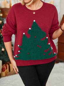 SHEIN Suéter informal de mujer talla grande con cuello redondo y hombros caídos con estampado de árbol de Navidad, para otoño/invierno y ropa de Año Nuevo