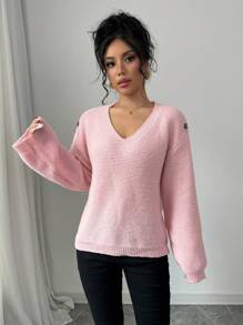 SHEIN Unity Women's Casual V-Neck Loose Drop Shoulder Long Sleeve Sweater, Autumn/Winter, Knit Pullover Fall - Pink - View 5