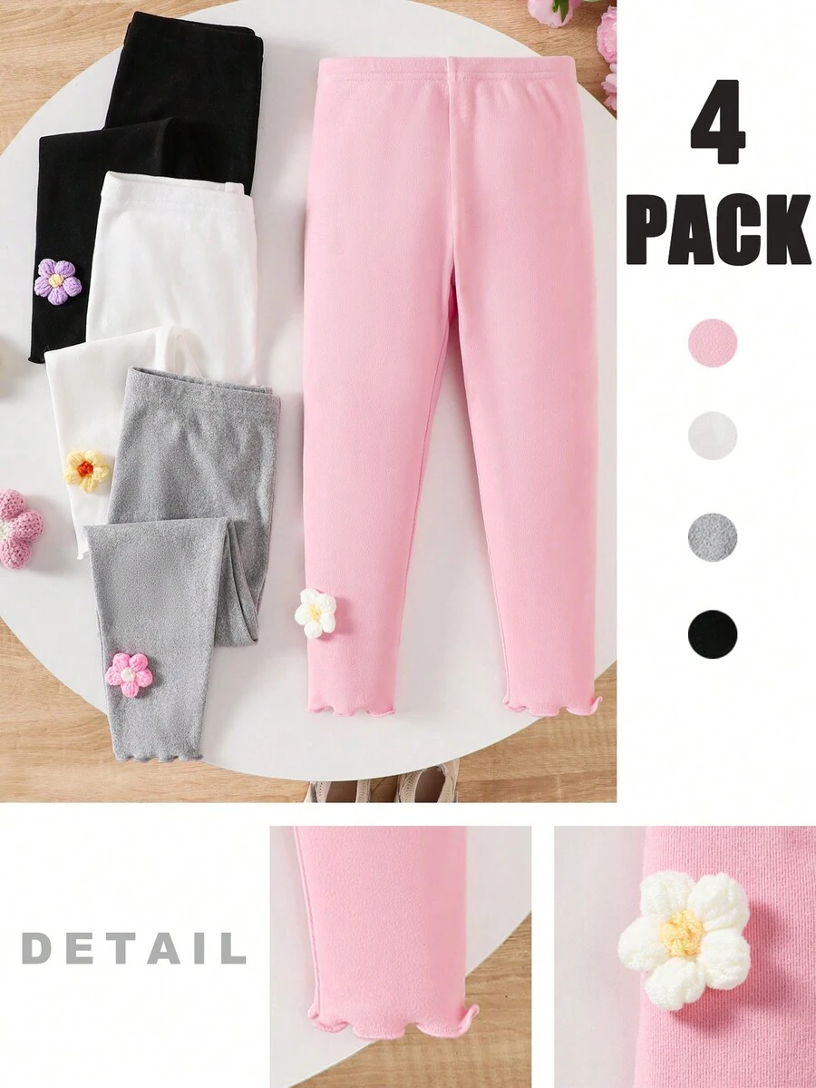 4 件套纯色修身休闲针织打底裤，带 3D 花卉装饰，适合年轻女孩 - 彩色 - 查看 1