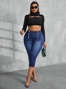 SHEIN SXY Quần Jeans Skinny Co Giãn Màu Xanh Denim Cỡ Lớn Cho Nữ Quần Legging Jeans 7 Điểm Có Túi Quần Jeans Nữ Quần Capri Quần Thu Quần Nữ Nhỏ Gọn - Rửa tối - Xem 3
