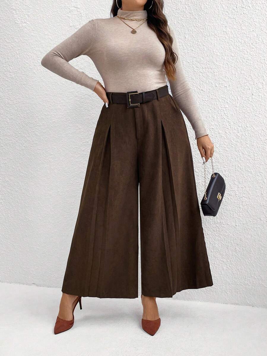 Calvaya Plus Size High Waist Wide Leg Solid Color Suit Pants Winter Fall Autumn - Chocolate Brown - View 1