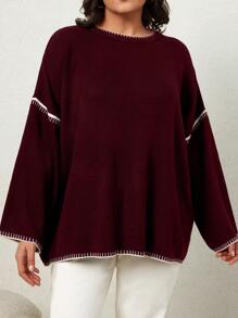 EURMUSE Plus Fall & Winter Causal Contrast Trim Drop Shoulder Sweater - Burgundy - View 4