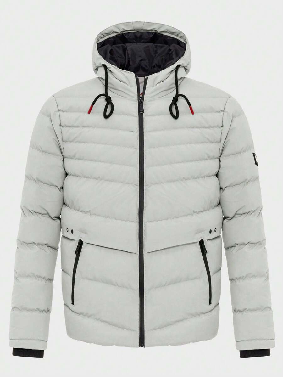 RueChic Men Patched Detail Drawstring Hooded Puffer Coat - Beige - View 1