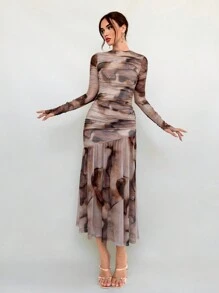 Aloruh Váy dài tay xếp ly cổ tròn in họa tiết nhuộm loang cho nữ - Nhiều màu - Xem 4