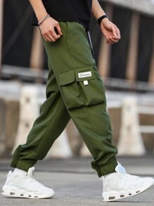 Manfinity Homme Men's Loose Letter Patched Detail Flap Pocket Side Drawstring Waist Cargo Pants - Army Green - View 5