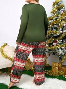 大码纯色前扣长袖简约上衣和全身印花裤睡衣套装