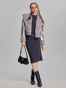 SHEIN Explorewe Teen Girl Solid Color Stand Collar Long Sleeve Sweater Dress - Apricot - View 4