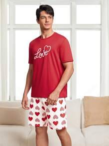 Men's Short Sleeve T-Shirt And Shorts Pajama Set With English Heart Print - Red - View 3