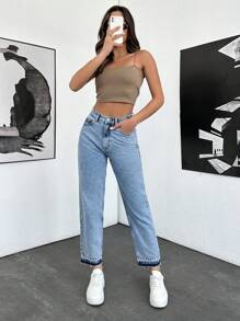 EURMUSE Solid Color High Waist Casual Mom Fit Vintage Style Jeans With Pockets - Medium Wash - View 5