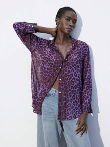 Maija 女式春夏宽松蝙蝠袖豹纹休闲衬衫 - 紫色 - 查看 8