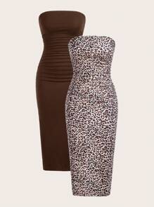 SHEIN EZwear 双色针织褶皱露肩开衩休闲连衣裙